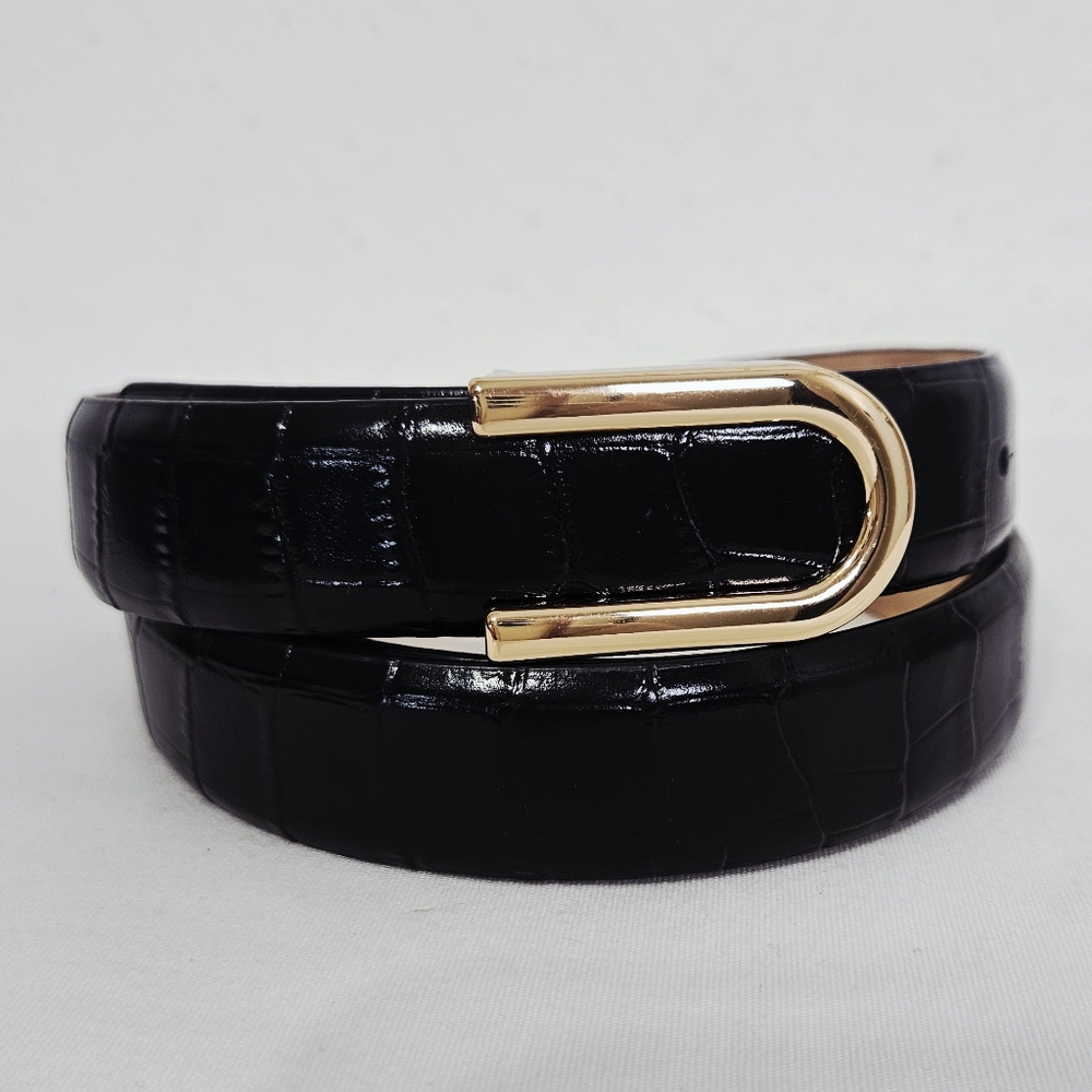 Banana Republic Croc Embossed Leather Belt in Black Size Large